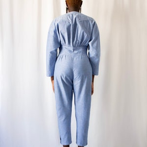 1980s Thierry Mugler blue chambray snap jumpsuit with pockets // Vintage 80s Mugler denim workwear long sleeves buttoned overalls image 2