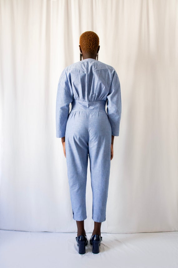 1980s Thierry Mugler blue chambray snap jumpsuit … - image 2