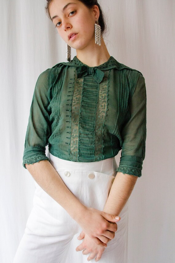 Antique 1920s sailor collar green forest cotton & lace blouse | Etsy