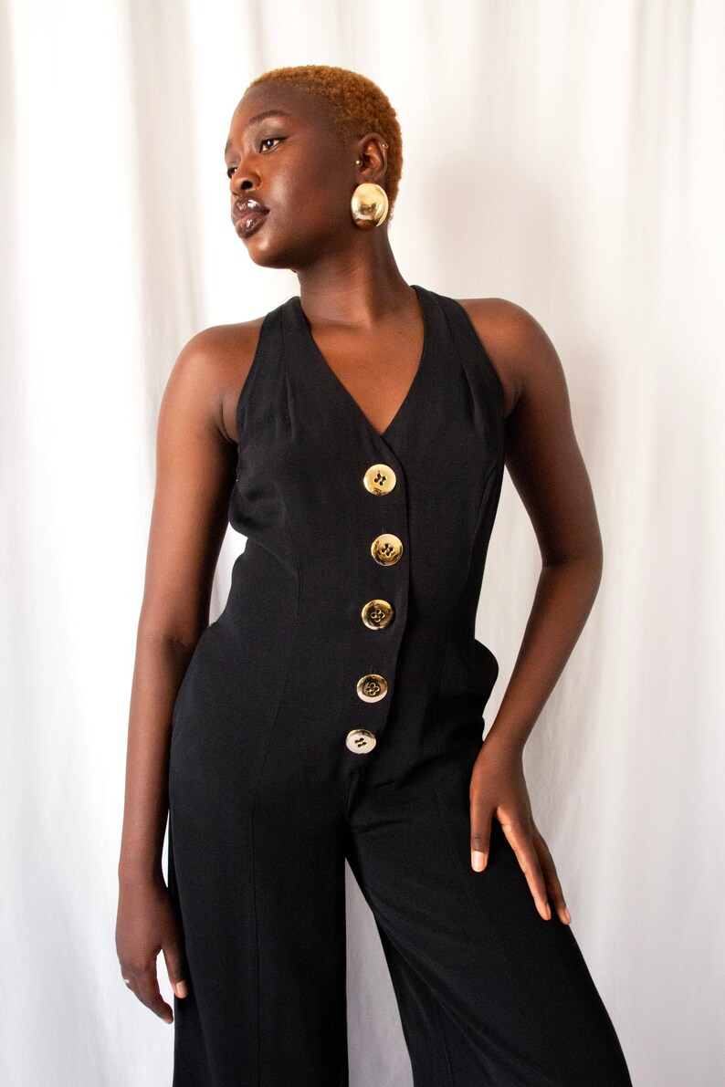 1980s black bare back jumpsuit with big gold buttons and rings // Vintage 80s California made minimalist wide leg overalls with side pockets zdjęcie 5