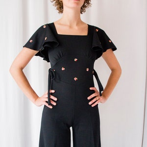 1970s black crepe flared leg jumpsuit with ruffled sleeves // Vintage 70s hippie bell bottom palazzo overalls image 5