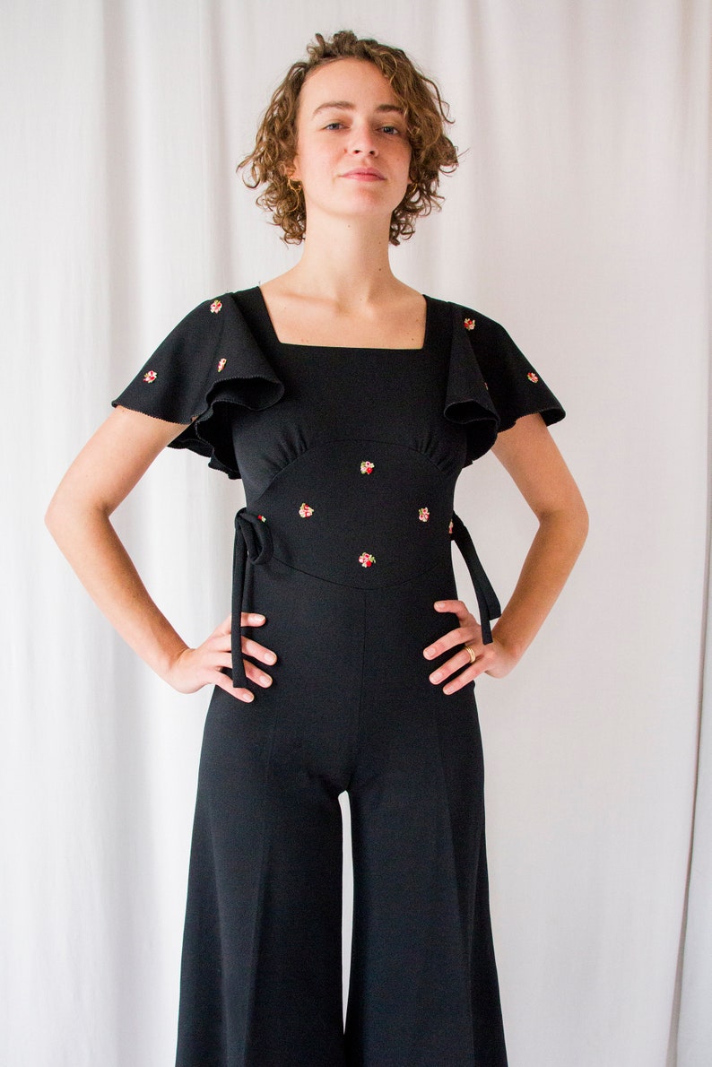 1970s black crepe flared leg jumpsuit with ruffled sleeves // Vintage 70s hippie bell bottom palazzo overalls image 5