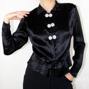 1930s black silk satin blouse with rhinestone buckles // Vintage 1920s 30s French art deco flapper long sleeve top