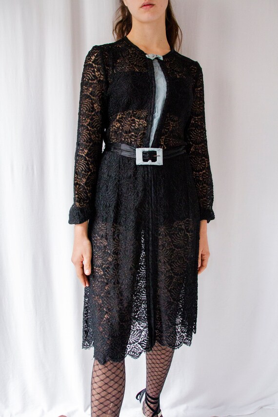 1930s antique black floral lace dress with blue d… - image 4