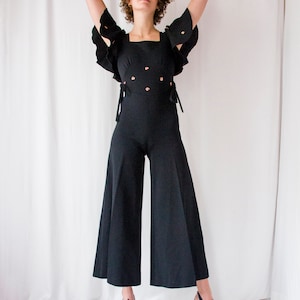 1970s black crepe flared leg jumpsuit with ruffled sleeves // Vintage 70s hippie bell bottom palazzo overalls image 7