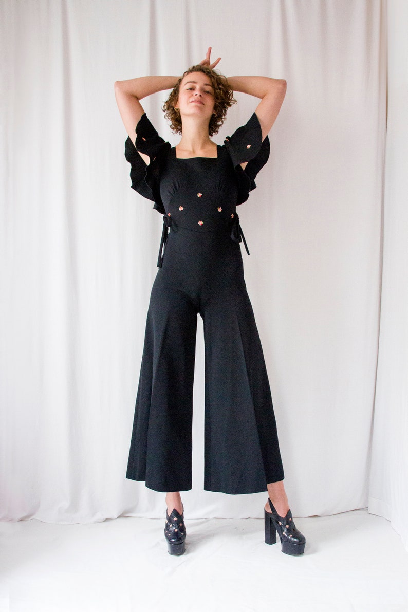 1970s black crepe flared leg jumpsuit with ruffled sleeves // Vintage 70s hippie bell bottom palazzo overalls image 7