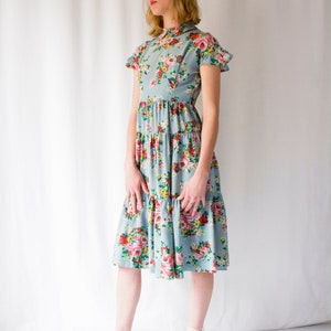1930s light blue floral print silk tiered dress with peter pan collar // Vintage 30s full skirt flounced day dress, short sleeves image 4