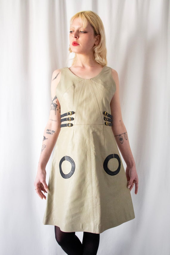 1960s Italian made A line taupe leather dress wit… - image 1