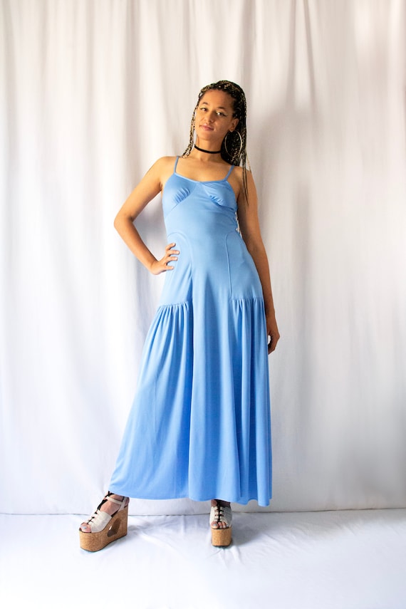 1970s Radley of London baby blue jersey maxi dress