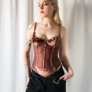 1990s brown velvet & sheer details corset bodysuit // Vintage 1980s 90s strappy string body lingerie bustier top