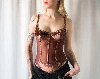 1990s brown velvet & sheer details corset bodysuit // Vintage 1980s 90s strappy string body lingerie bustier top