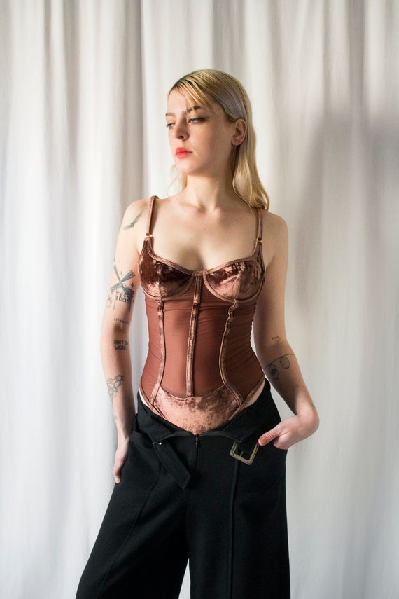 1990s brown velvet & sheer details corset bodysuit