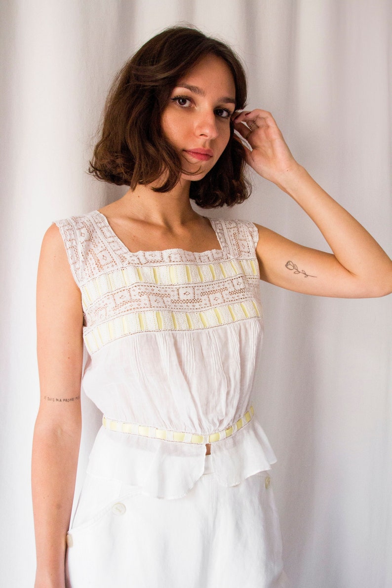 Antique Edwardian white sheer cotton & lace bodice with yellow ribbon // Vintage Victorian 1900s square neckline tank top camisole image 1