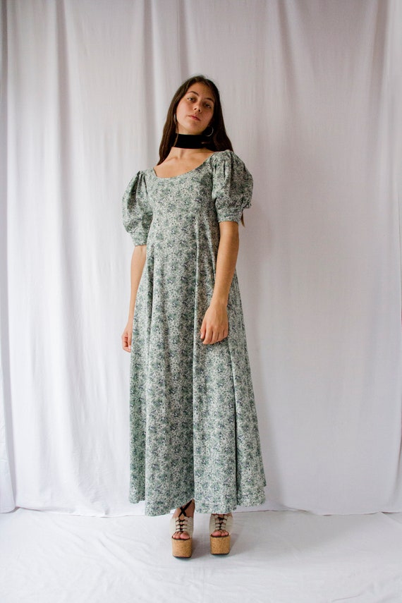 1970s Laura Ashley green prairie calico print maxi