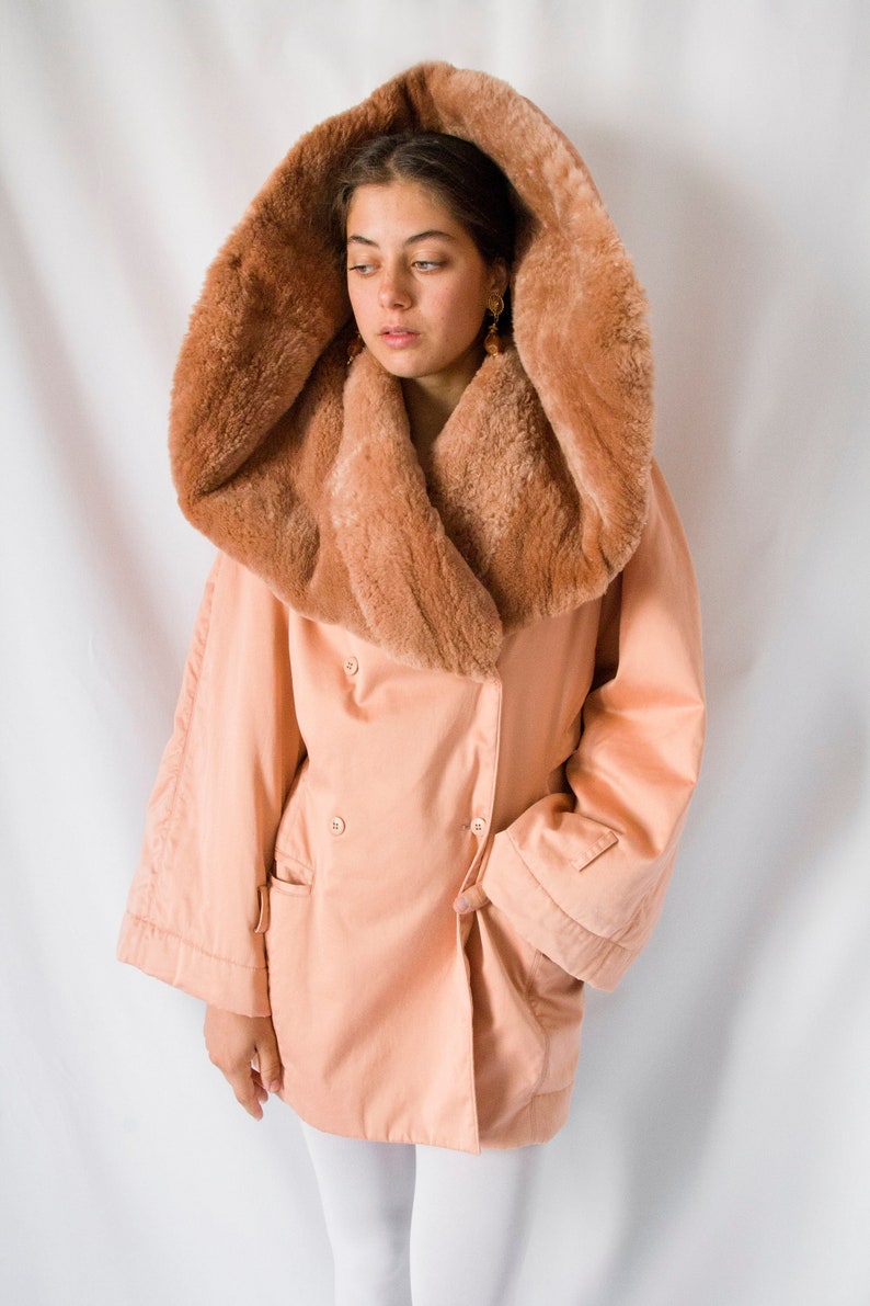 1980s Claude Montana salmon pink coat with huge fur collar // 80's Montana tailored jacket, kimono sleeve, front pockets, double breasted image 1