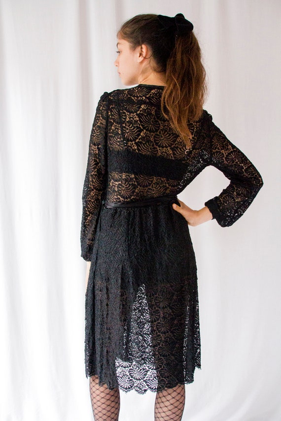 1930s antique black floral lace dress with blue d… - image 3