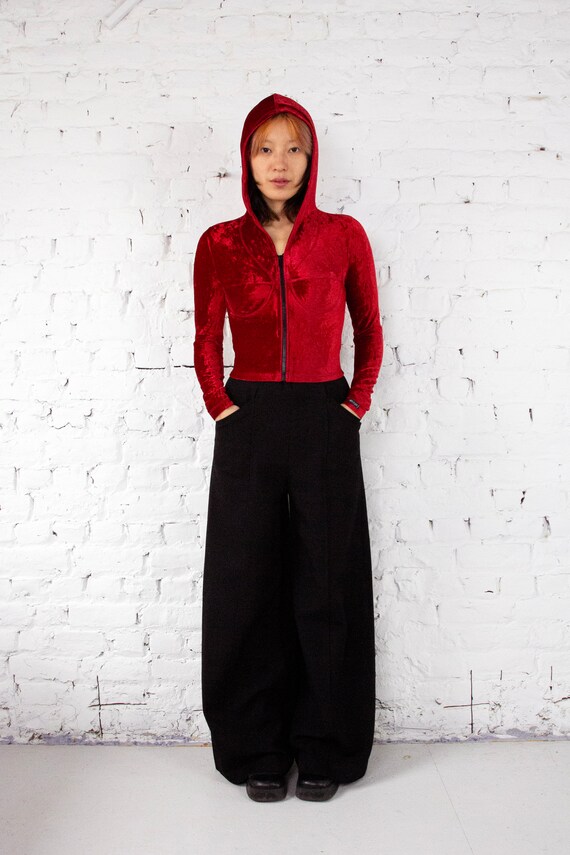 1990s Anti Flirt red velvet hooded zipped bustier… - image 3