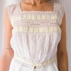 Antique Edwardian white sheer cotton & lace bodice with yellow ribbon // Vintage Victorian 1900s square neckline tank top camisole image 2