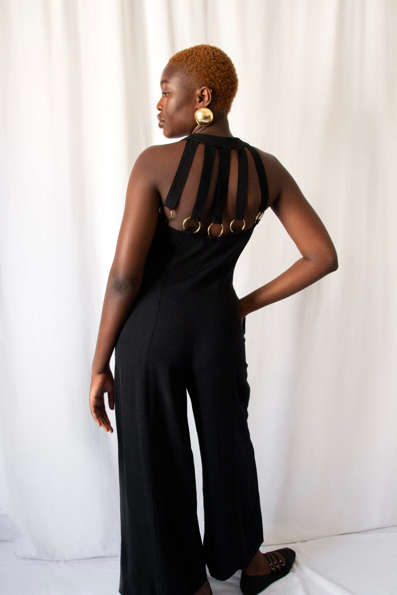 1980s black bare back jumpsuit with big gold buttons and rings // Vintage 80s California made minimalist wide leg overalls with side pockets zdjęcie 3