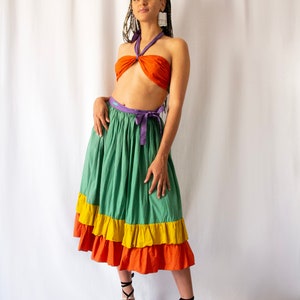 Rare! 1970s Fiorucci colorful striped cotton set bralet & midi skirt // Vintage 70s hippie bohemian suit, wrapped skirt with matching top
