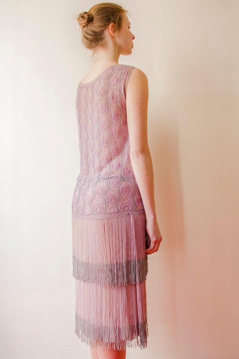 Rare Vintage 1920s French flapper beaded dress lilac pink fringed // 20s Tiered fringe embellished sheer chiffon silk evening dress image 8