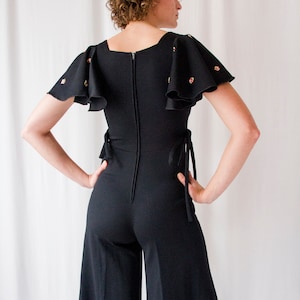 1970s black crepe flared leg jumpsuit with ruffled sleeves // Vintage 70s hippie bell bottom palazzo overalls image 6