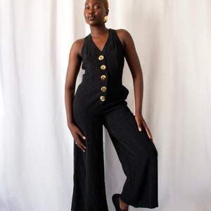 1980s black bare back jumpsuit with big gold buttons and rings // Vintage 80s California made minimalist wide leg overalls with side pockets zdjęcie 7