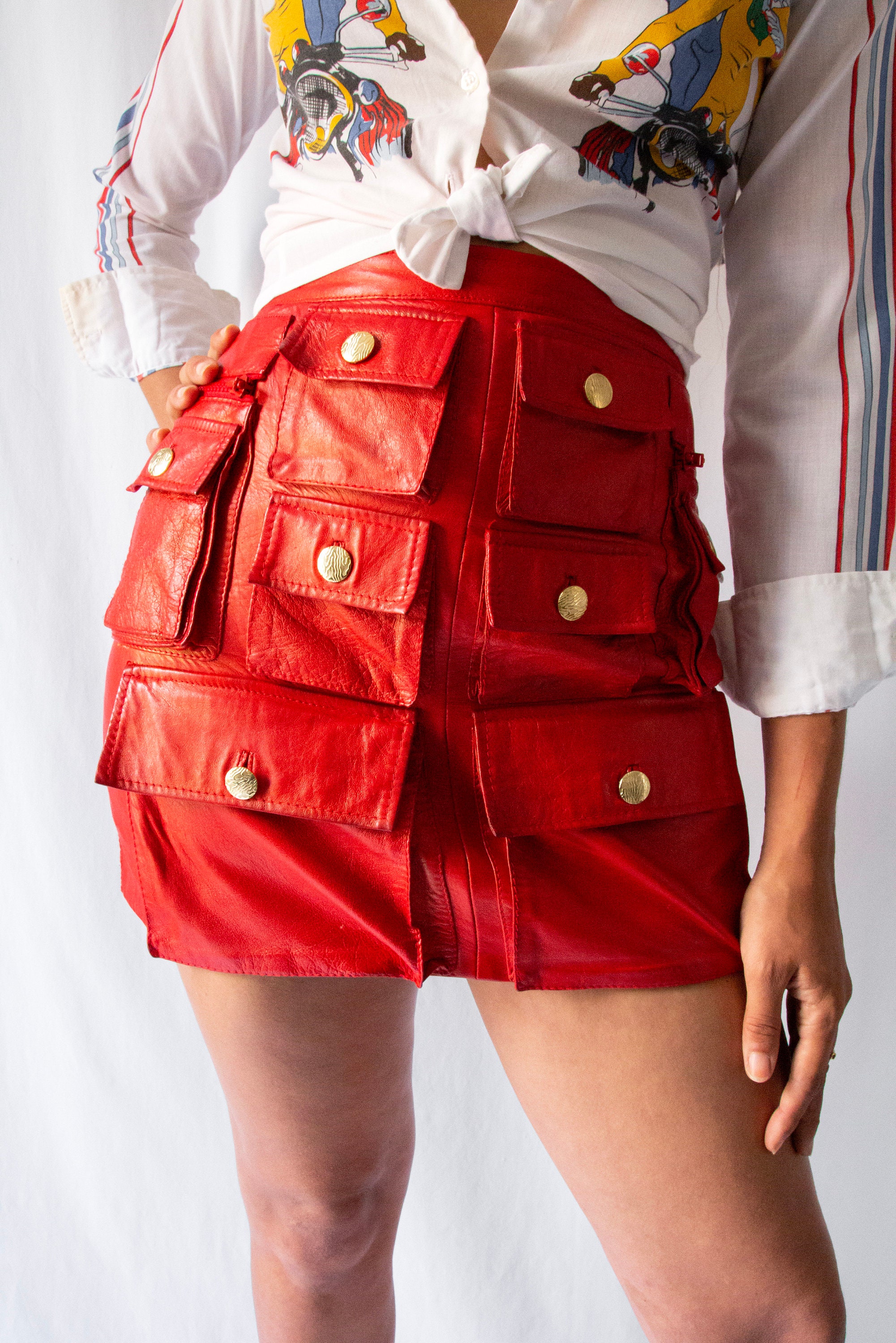 1980s Multi Pockets Red Leather Mini Skirt With Gold Buttons