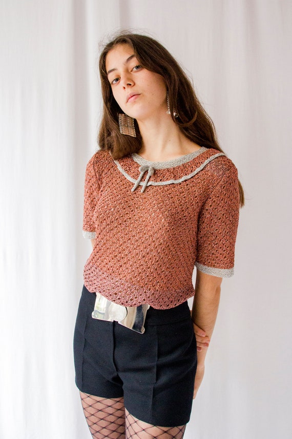 1970s lurex crochet rust orange & silver hand knit