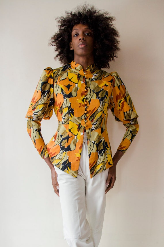 Vintage 1970s Leg of Mutton sleeves orange & green