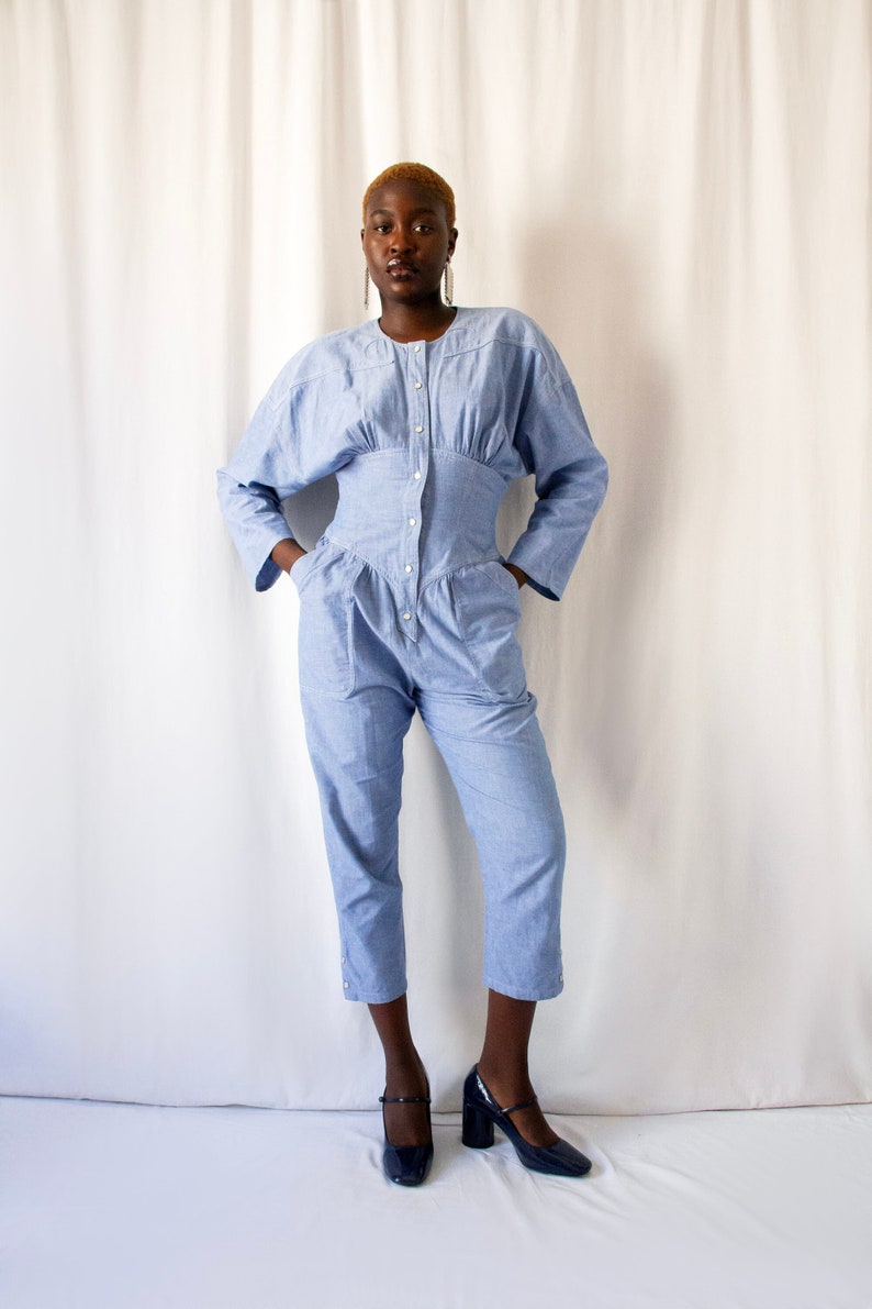 1980s Thierry Mugler blue chambray snap jumpsuit with pockets // Vintage 80s Mugler denim workwear long sleeves buttoned overalls image 1