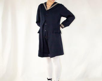 〔Vintage〕90s Black navy Simple suit デカ襟 Mens Vintage US Navy Double Breasted Black Blazer Small