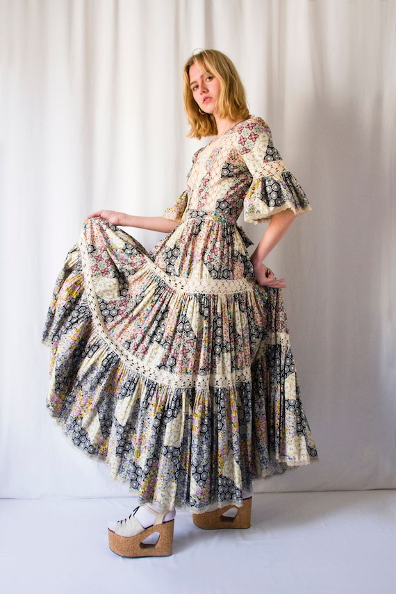 1970s Floral Print Crochet Lace Insert Pleated Prairie Dress Bell Sleeves Vintage 70s Floor Length Hippie Victorian Inspired Maxi Dress Etsy