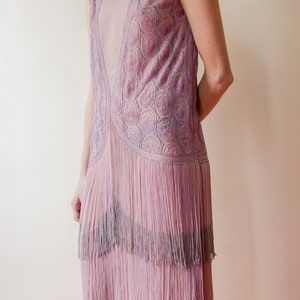 Rare Vintage 1920s French flapper beaded dress lilac pink fringed // 20s Tiered fringe embellished sheer chiffon silk evening dress image 4