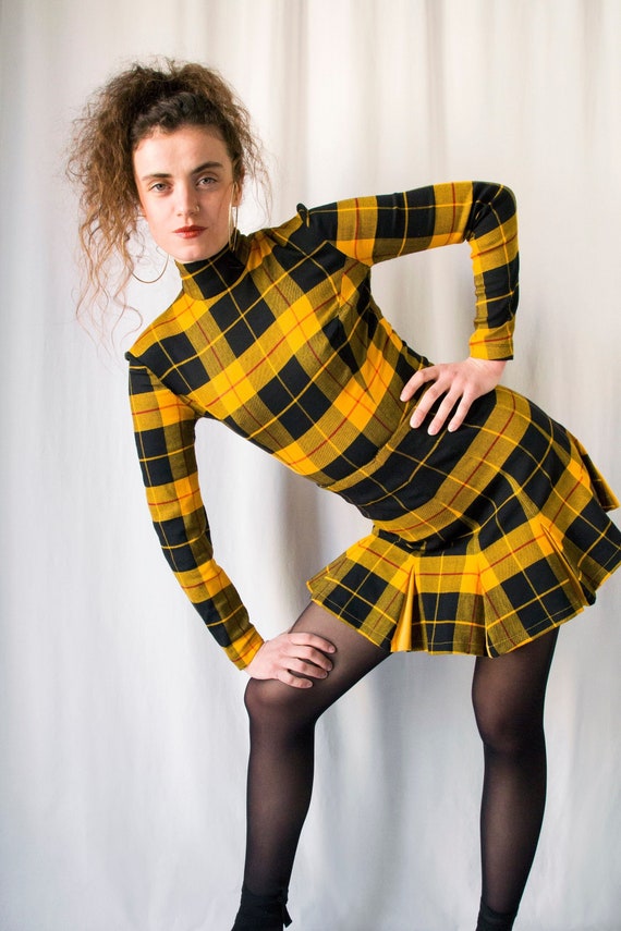 1980s Plein Sud Yellow & Black Tartan Wool Set Bodysuit and Skirt // 80s  Punk Cheerleader High Neck Body With Pleated Mini Skirt 
