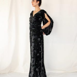 1930s velvet rayon bias cut open sleeves maxi dress // Vintage antique 30s plunging neckline ruched gown with circle print