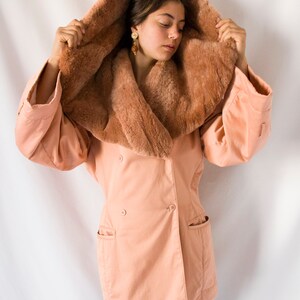 1980s Claude Montana salmon pink coat with huge fur collar // 80's Montana tailored jacket, kimono sleeve, front pockets, double breasted image 7