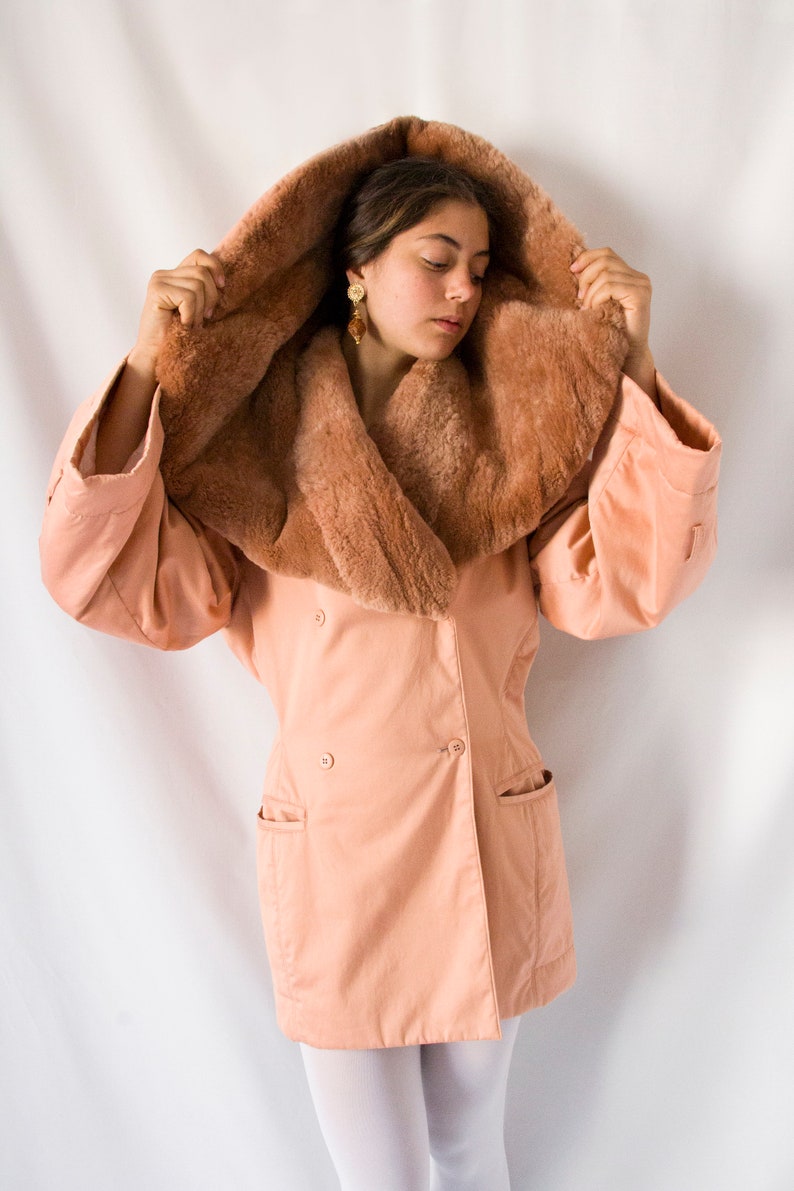 1980s Claude Montana salmon pink coat with huge fur collar // 80's Montana tailored jacket, kimono sleeve, front pockets, double breasted image 7