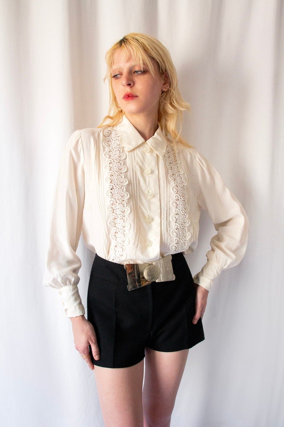 1970s ivory silk & lace buttoned blouse with long 