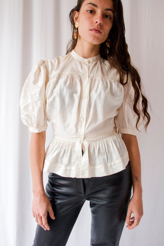 1970s Kenzo cream balloon sleeves raw silk peplum