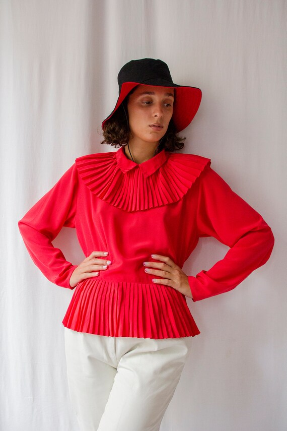 1980s Cacharel red pleated blouse with big Pierrot