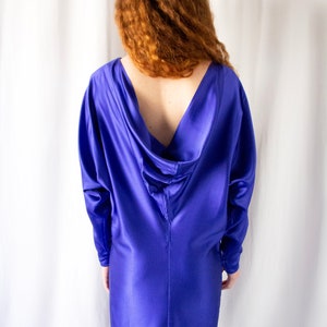 1980s Romeo Gigli royal blue silk draped back dress with dolman sleeves // Vintage rare 80s Gigli mini tunic dress, fitted hips image 2