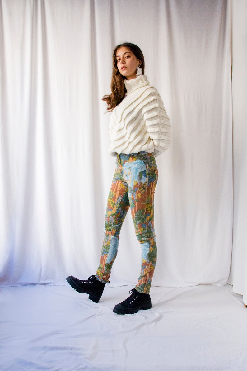 1980s Kenzo jeans jungle tiger print fitted pant // 80s green brown & blue denim cotton slim trouser // S XS image 3