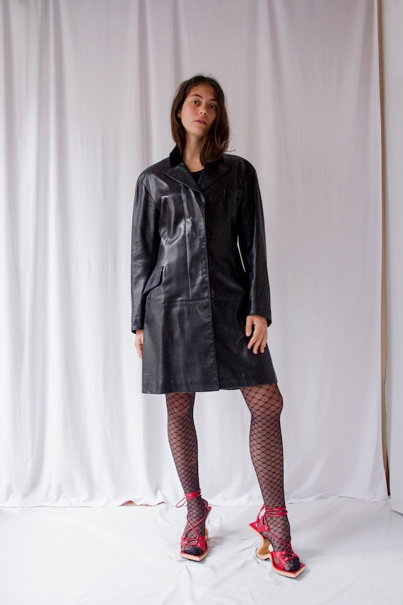 Azzedine Alaia 1980s Vintage Leather Coat With Velvet Collar Etsy