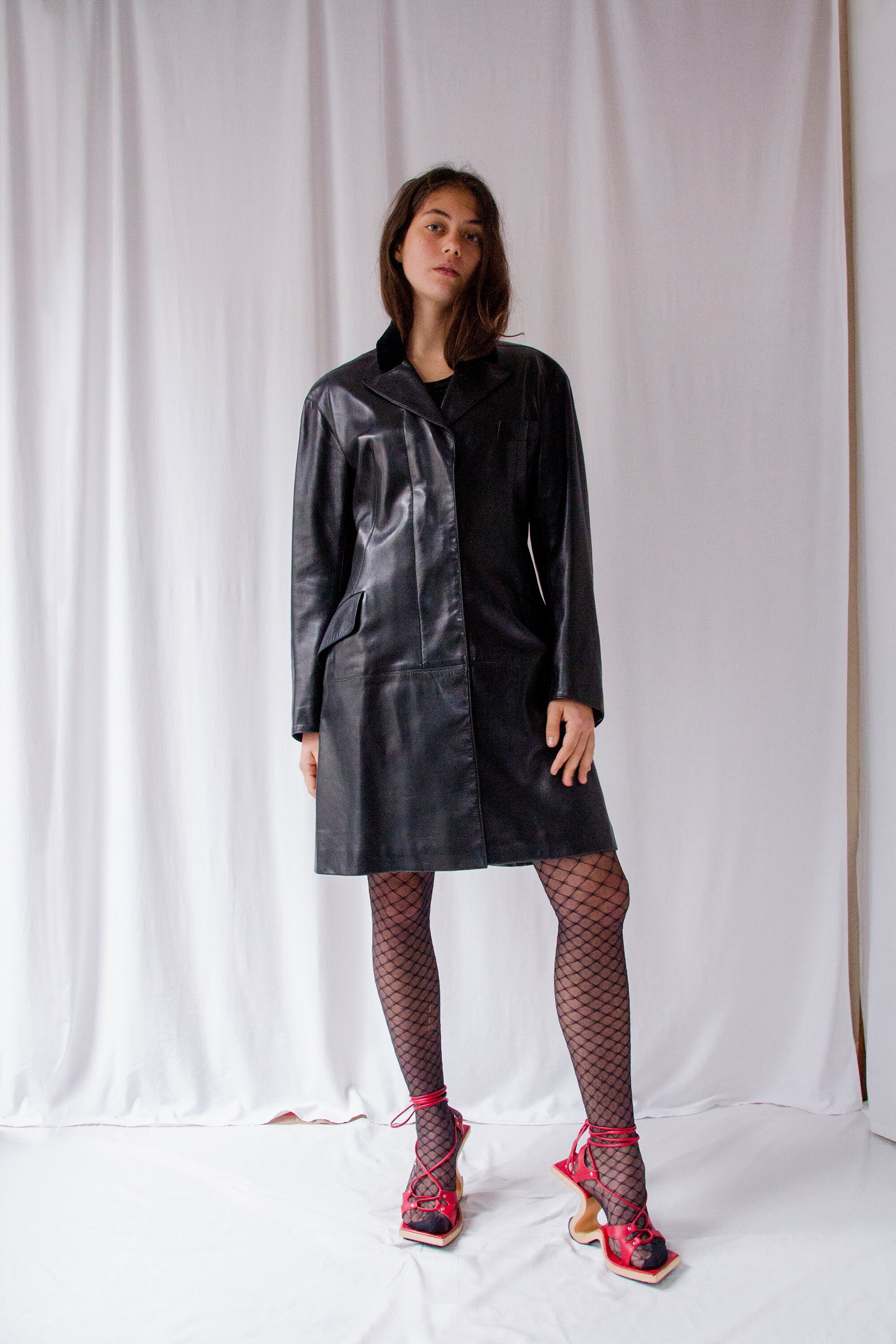 Azzedine Alaïa 1980s Vintage Leather Coat With Velvet Collar Azzedine Alaïa 1980s Vintage Leather Coat With Velvet Collar