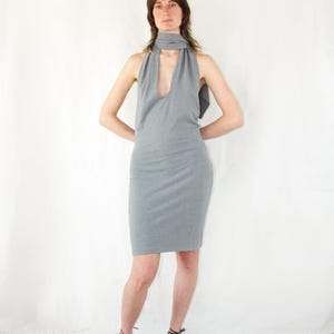 1980s Romeo Gigli grey jersey halter dress with scarf // Vintage 80s Made in Italy backless midi dress, deep plunging neckline
