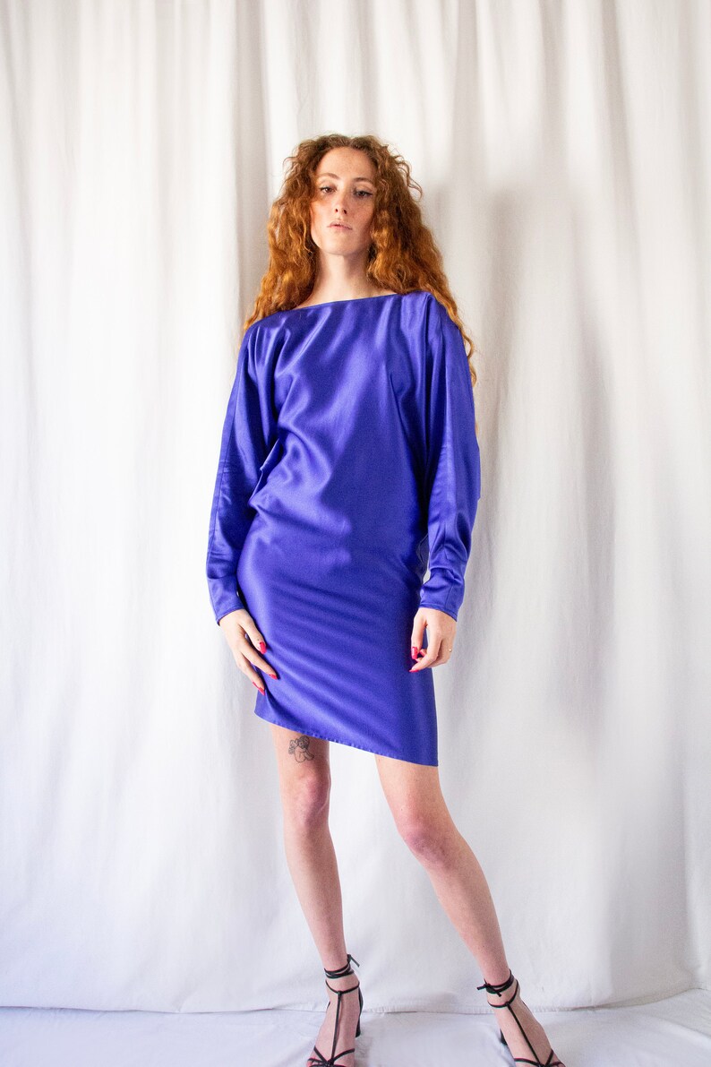 1980s Romeo Gigli royal blue silk draped back dress with dolman sleeves // Vintage rare 80s Gigli mini tunic dress, fitted hips image 1