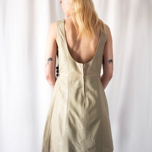 1960s Italian made A line taupe leather dress with gold buckle details // Vintage 60s Mod scooter space age round collar backless mini dress image 2