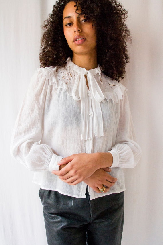 1970s Emmanuelle Khanh White Cotton Gauze Floral Embroidered Poet Blouse //  Vintage 70s Does Edwardian Sheer Ruffled Shirt W Crochet Buttons - Etsy