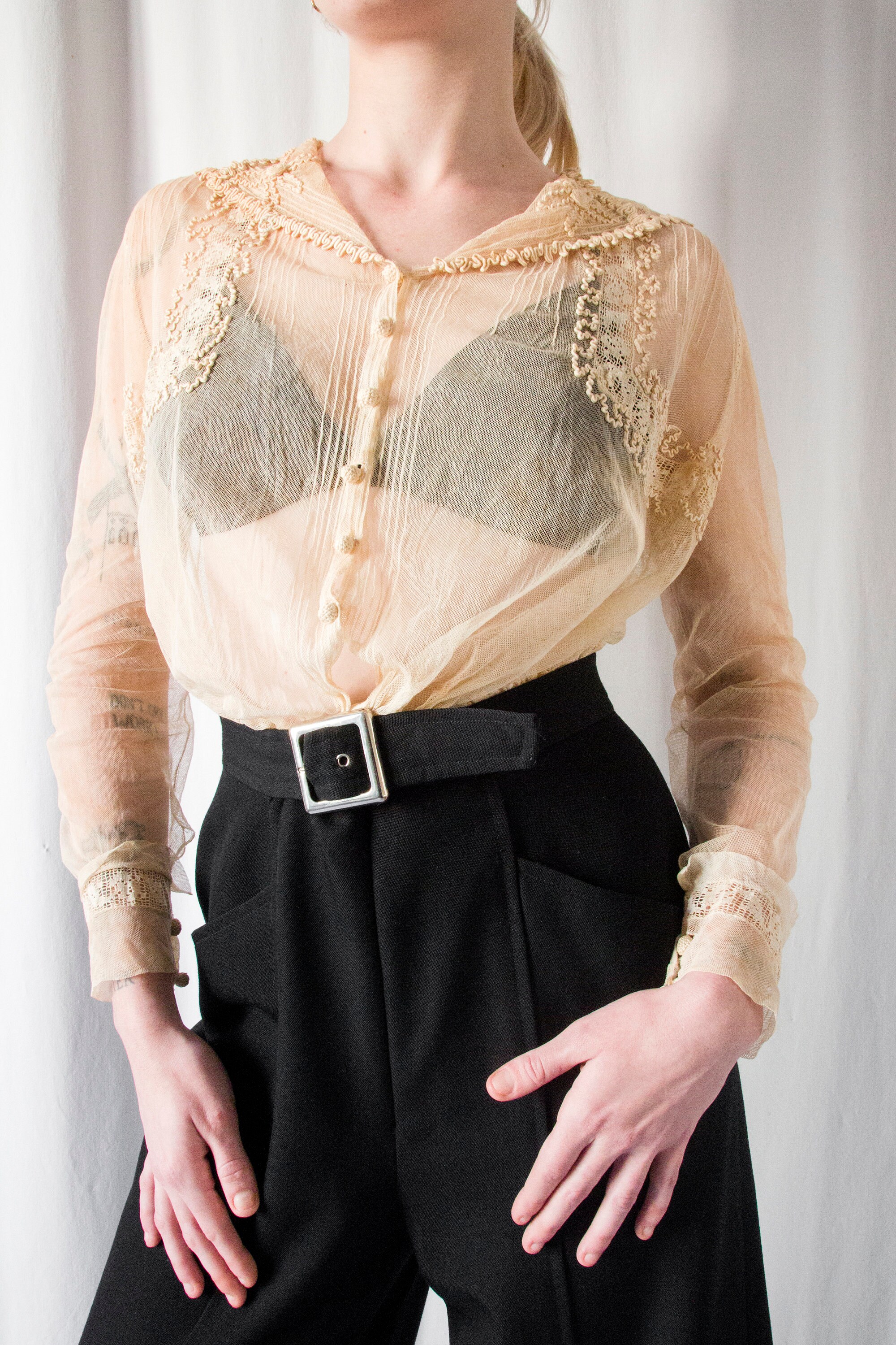 Antique Victorian Tea Dyed Embroidered Net Blouse With Crochet 